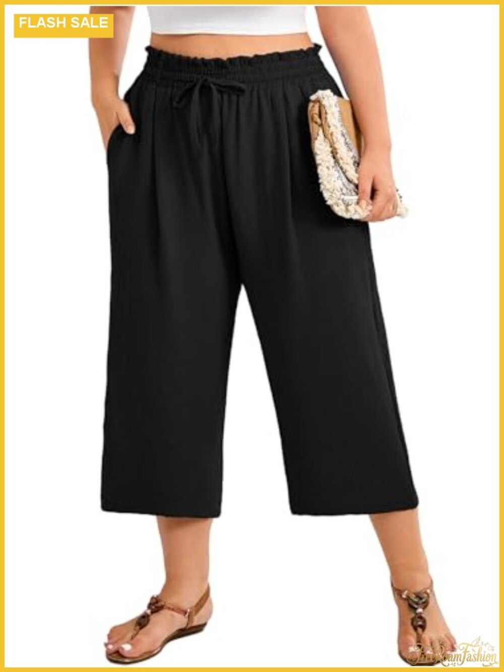 Plus Size Capri Wide Leg Pants High Waisted Elastic Drawstring Pockets Summer